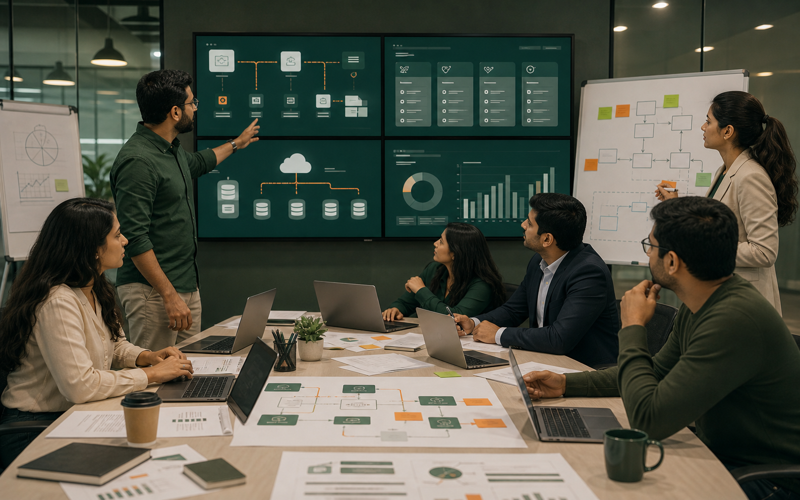 Technology integration workspace with fintech dashboards